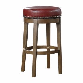 Round Swivel Bar Stools Set of 2, Red Faux Leather 360-degree Swivel Seat Nailhead Trim Solid Wood Frame Brown Finish Furniture