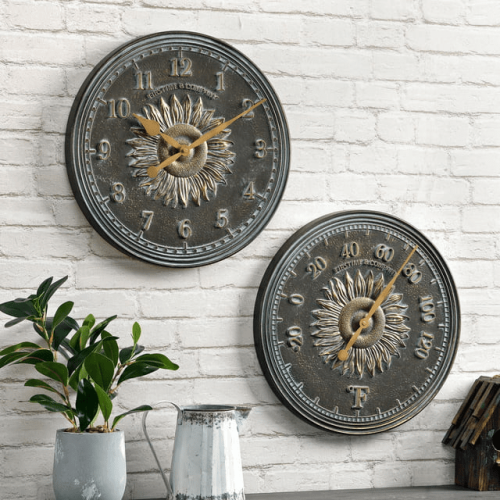 FirsTime & Co. Verdigris Calisto Sunflower Outdoor Wall Clock And Thermometer 2-Piece Set, Rustic, Analog, 16 x 1.12 x 16 in FirsTime & Co. Verdigris Calisto Sunflower Outdoor Wall Clock And Thermometer 2-Piece Set, Rustic, Analog, 16 x 1.12 x 16 in