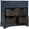 TREXM Rustic Storage Cabinet with Two Drawers and Four Classic Rattan Basket for Dining Room/Entryway/Living Room (Antique Navy)